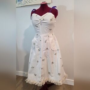 Handmade White Floral Midi Dress with Purple Accents and Pockets